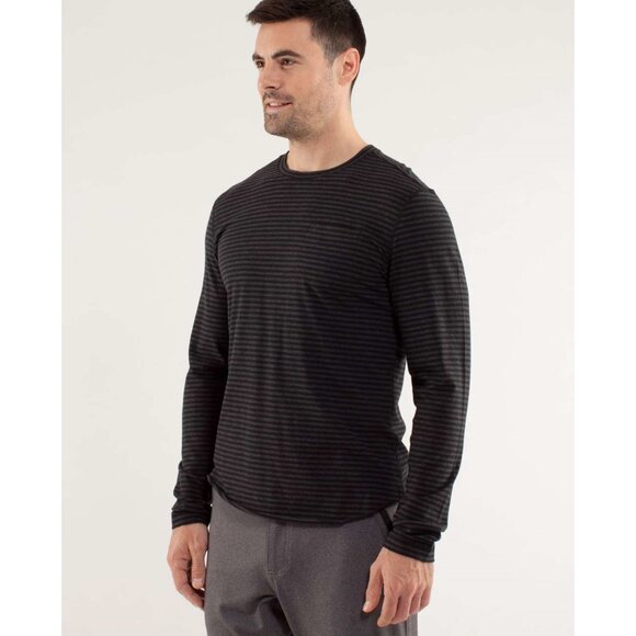 LULULEMON Men's 5 Year Basic Long Sleeve In Classic Stripe Heatheredblack/Black - Picture 2 of 8